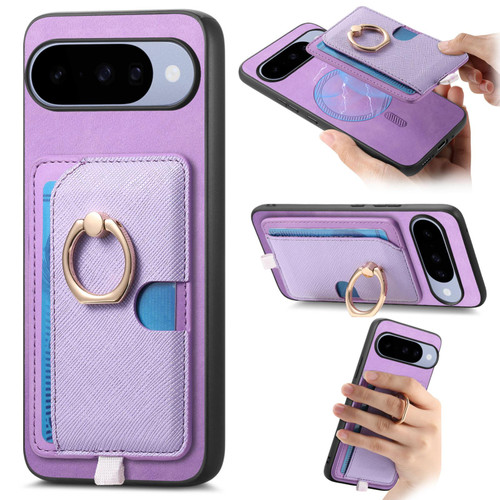Google Pixel 11 Pro XL Retro Cross Leather Ring Side Insert Card Bag MagSafe Phone Case - Purple