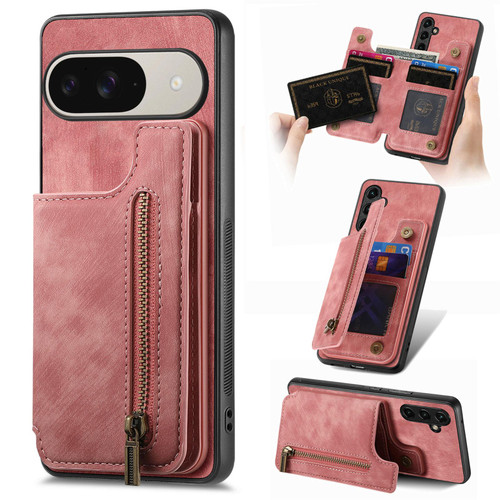 Google Pixel 11 Pro XL Retro Leather Zipper Wallet Back Phone Case - Pink