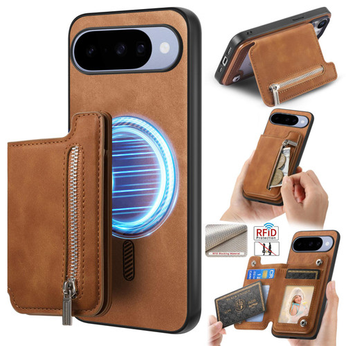 Google Pixel 11 Pro XL Retro MagSafe Zipper Wallet Card Bag Back Phone Case - Brown