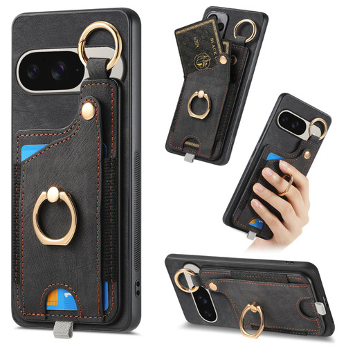 Google Pixel 11 Pro XL Retro Skin-feel Ring Card Bag Phone Case with Hang Loop - Black