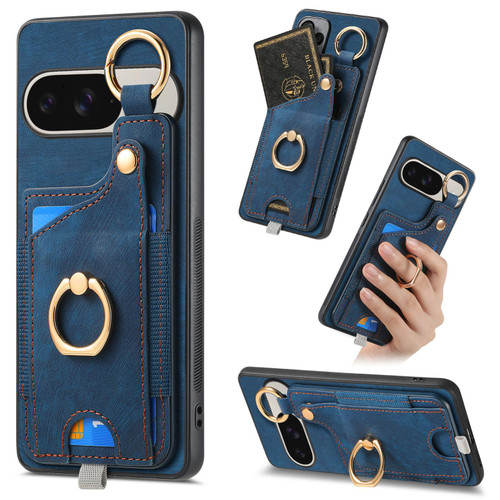 Google Pixel 11 Pro XL Retro Skin-feel Ring Card Bag Phone Case with Hang Loop - Blue