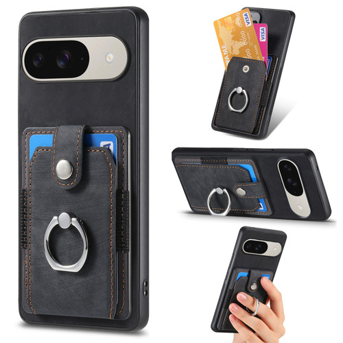 Google Pixel 11 Pro XL Retro Skin-feel Ring Card Wallet Phone Case - Black