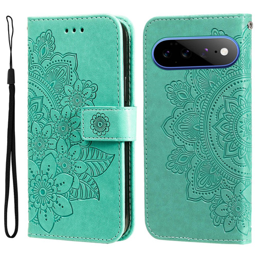 Google Pixel 11 Pro XL Seven-petal Flowers Embossing Leather Phone Case - Green