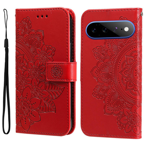 Google Pixel 11 Pro XL Seven-petal Flowers Embossing Leather Phone Case - Red