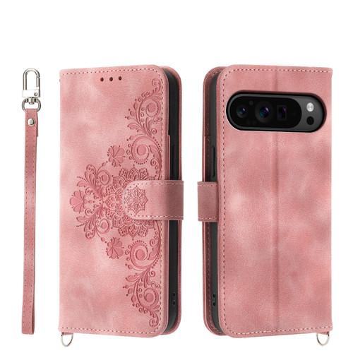 Google Pixel 11 Pro XL Skin Feel Flowers Embossed Wallet Leather Phone Case - Pink