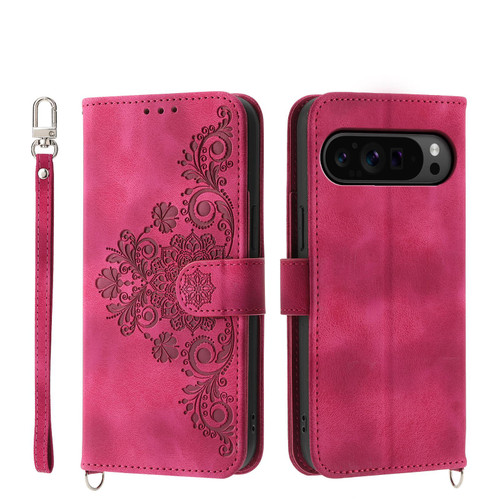 Google Pixel 11 Pro XL Skin Feel Flowers Embossed Wallet Leather Phone Case - Wine Red