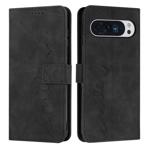 Google Pixel 11 Pro XL Skin Feel Heart Embossed Leather Phone Case with Long Lanyard - Black