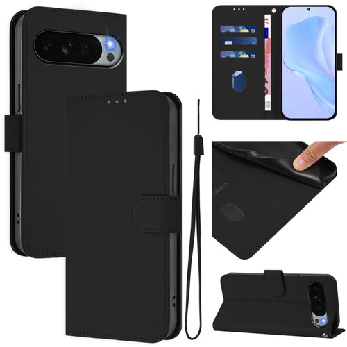 Google Pixel 11 Pro XL Skin Feel Solid Color Leather Phone Case with Lanyard - Black