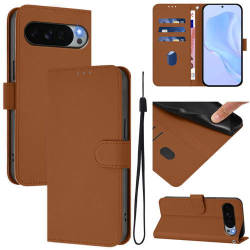 Google Pixel 11 Pro XL Skin Feel Solid Color Leather Phone Case with Lanyard - Brown