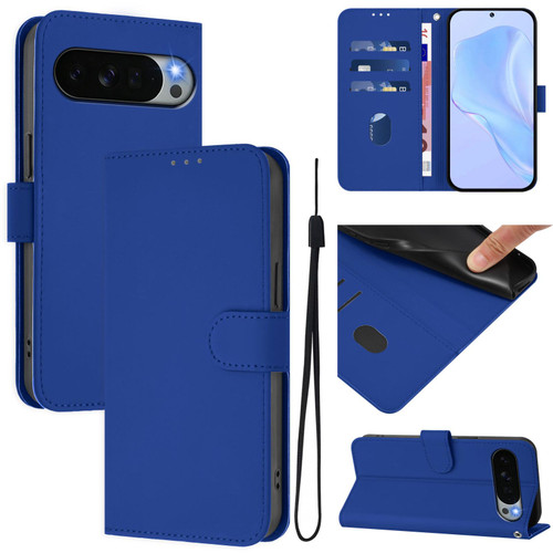 Google Pixel 11 Pro XL Skin Feel Solid Color Leather Phone Case with Lanyard - Dark Blue