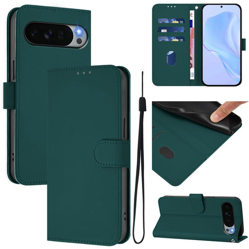Google Pixel 11 Pro XL Skin Feel Solid Color Leather Phone Case with Lanyard - Dark Green