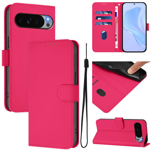 Google Pixel 11 Pro XL Skin Feel Solid Color Leather Phone Case with Lanyard - Rose Red
