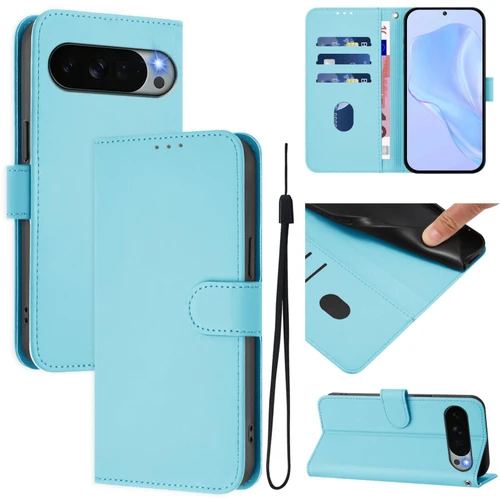 Google Pixel 11 Pro XL Skin Feel Solid Color Leather Phone Case with Lanyard - Sky Blue