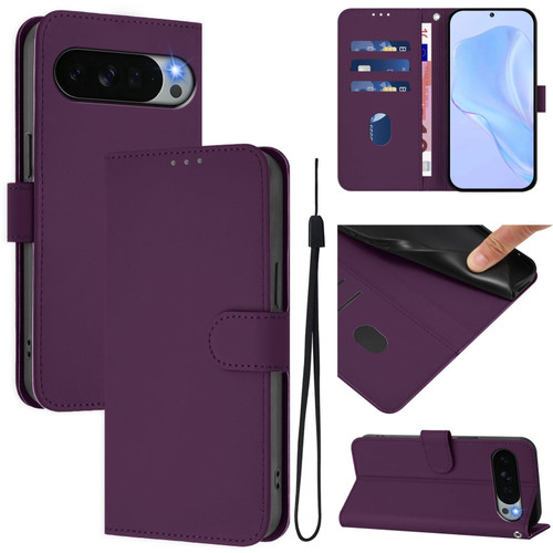 Google Pixel 11 Pro XL Skin Feel Solid Color Leather Phone Case with Lanyard - Violet