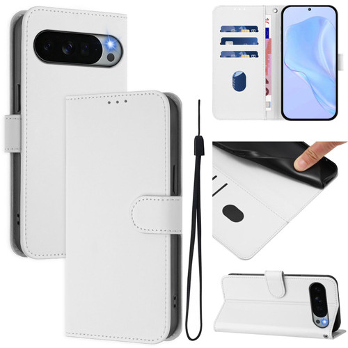 Google Pixel 11 Pro XL Skin Feel Solid Color Leather Phone Case with Lanyard - White