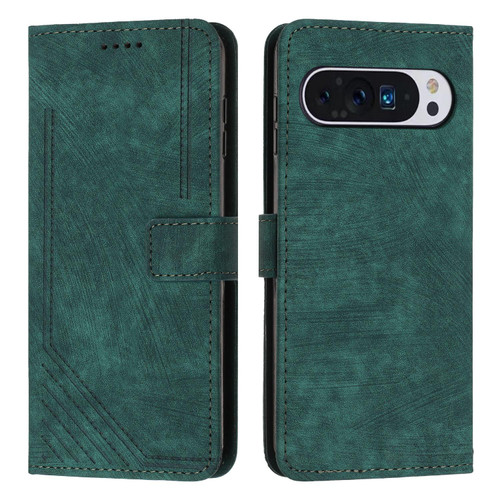 Google Pixel 11 Pro XL Skin Feel Stripe Pattern Leather Phone Case with Lanyard - Green