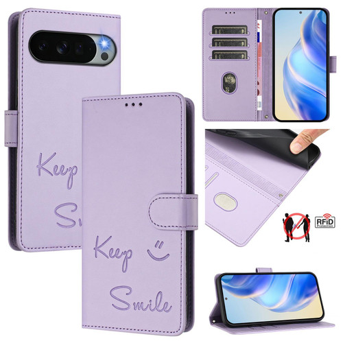 Google Pixel 11 Pro XL Smile Embossing RFID Leather Phone Case - Light Purple