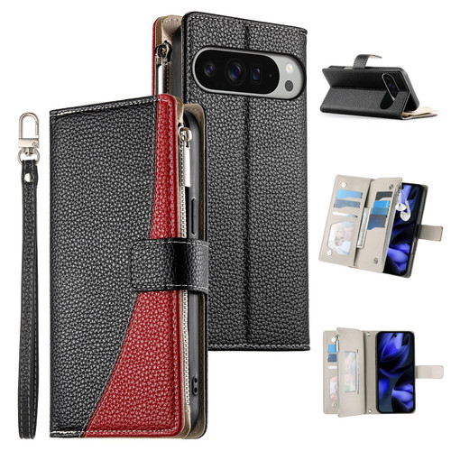Google Pixel 11 Pro XL Stitching Multi-card Zipper Wallet Leather Phone Case with Short Strap - Black
