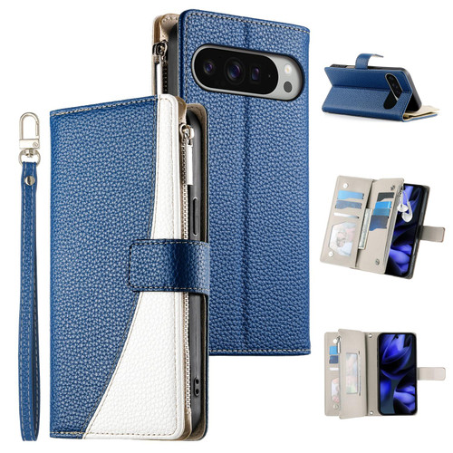Google Pixel 11 Pro XL Stitching Multi-card Zipper Wallet Leather Phone Case with Short Strap - Dark Blue