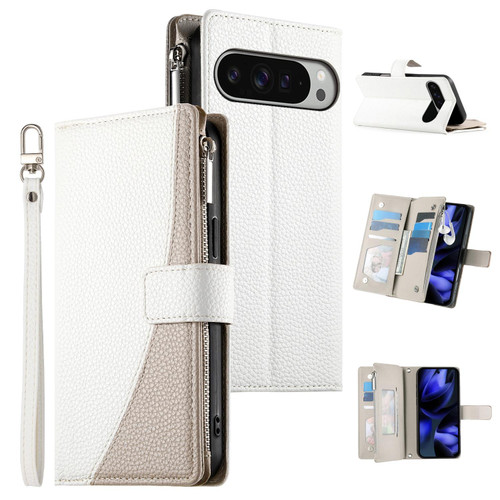 Google Pixel 11 Pro XL Stitching Multi-card Zipper Wallet Leather Phone Case with Short Strap - White
