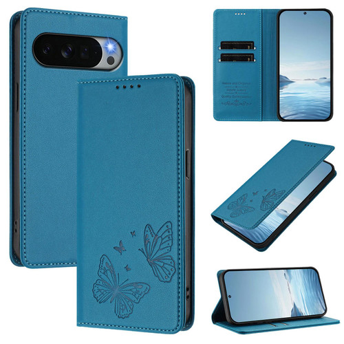 Google Pixel 11 Pro XL Strong Magnetic Dual Butterfly RFID Vegan Leather Phone Case - Lake Blue