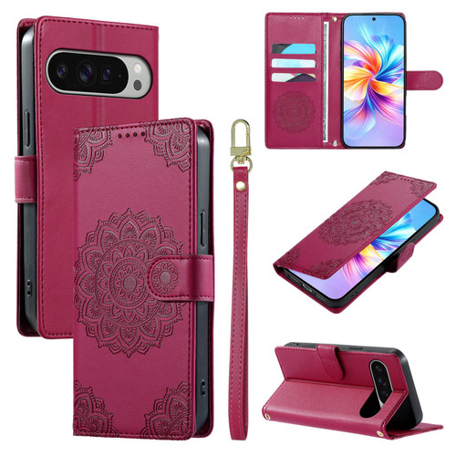 Google Pixel 11 Pro XL Totem Embossed Magnetic Closure Vegan Leather Phone Case with Strap - Rose Red