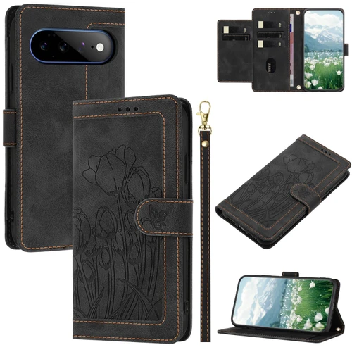 Google Pixel 11 Pro XL Tulips Embossed Leather Phone Case with Lanyard - Black