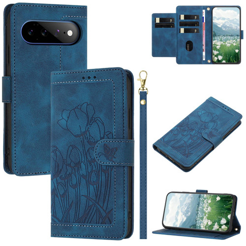 Google Pixel 11 Pro XL Tulips Embossed Leather Phone Case with Lanyard - Blue