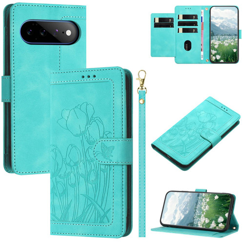 Google Pixel 11 Pro XL Tulips Embossed Leather Phone Case with Lanyard - Green
