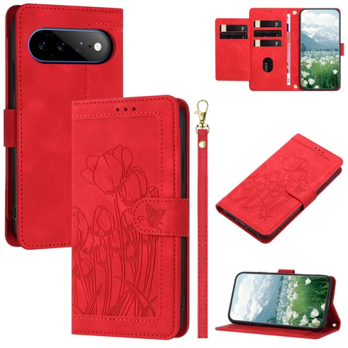 Google Pixel 11 Pro XL Tulips Embossed Leather Phone Case with Lanyard - Red