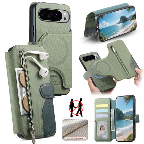 Google Pixel 11 Pro XL Twill Fabric MagSafe RFID Anti-theft Zipper Wallet Leather Phone Case - Green