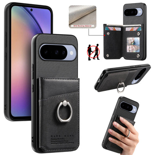 Google Pixel 11 Pro XL Twill Fabric Ring Multi-card Wallet Vegan Leather Phone Case - Black