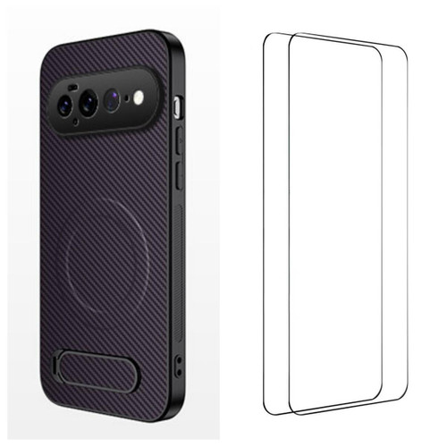 Google Pixel 11 Pro XL WANLONFENG Kickstand Carbon Fiber Texture Magnetic Phone Case with 2pcs Screen Films - Purple
