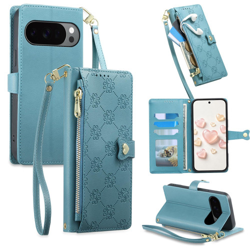 Google Pixel 11 Pro XL Zipper Wallet Heart Buckle Vegan Leather Phone Case with Wrist Strap - Lake Blue