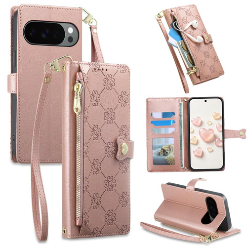 Google Pixel 11 Pro XL Zipper Wallet Heart Buckle Vegan Leather Phone Case with Wrist Strap - Pink