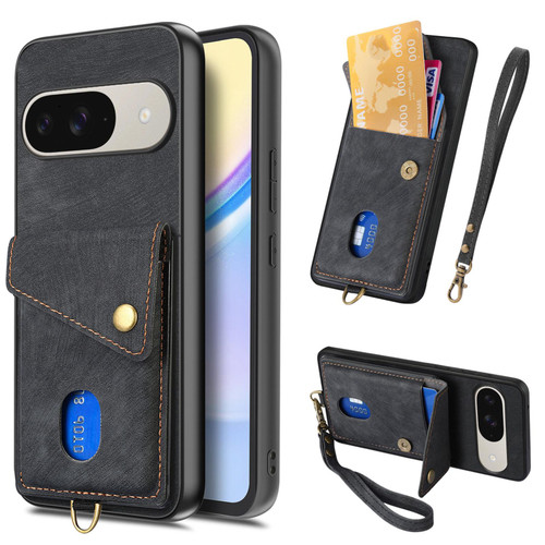 Google Pixel 11 Retro Card Wallet Fold Leather Phone Case with Strap - Black