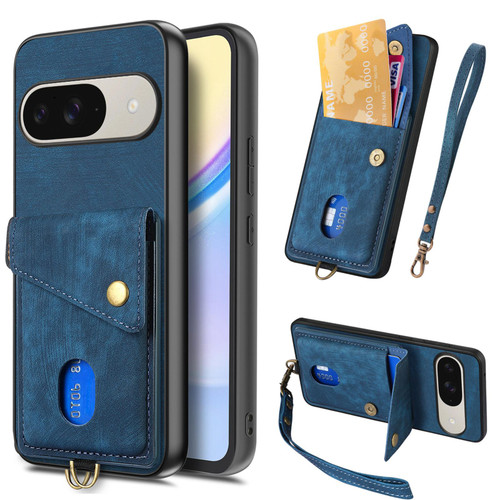 Google Pixel 11 Retro Card Wallet Fold Leather Phone Case with Strap - Blue