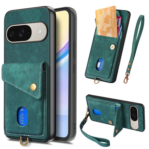 Google Pixel 11 Retro Card Wallet Fold Leather Phone Case with Strap - Green