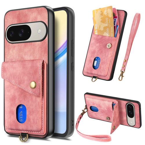 Google Pixel 11 Retro Card Wallet Fold Leather Phone Case with Strap - Pink