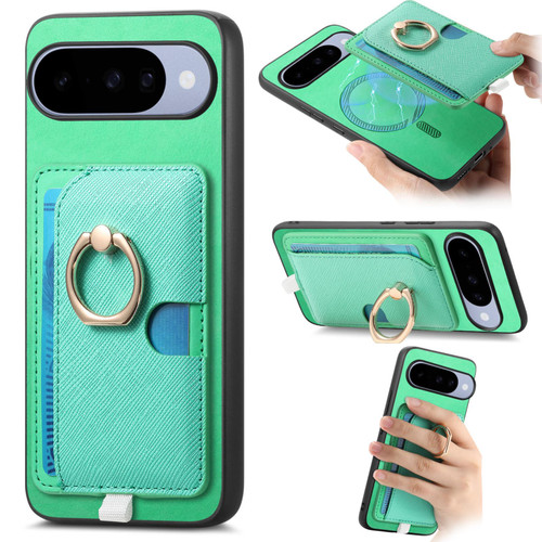Google Pixel 11 Retro Cross Leather Ring Side Insert Card Bag MagSafe Phone Case - Green