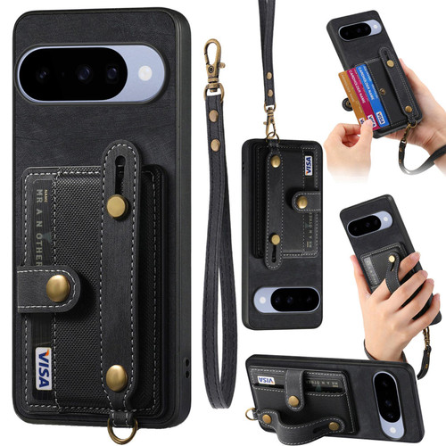 Google Pixel 11 Retro Cross Wristband Wallet Leather Back Phone Case - Black