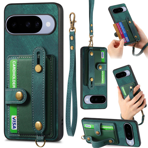 Google Pixel 11 Retro Cross Wristband Wallet Leather Back Phone Case - Green