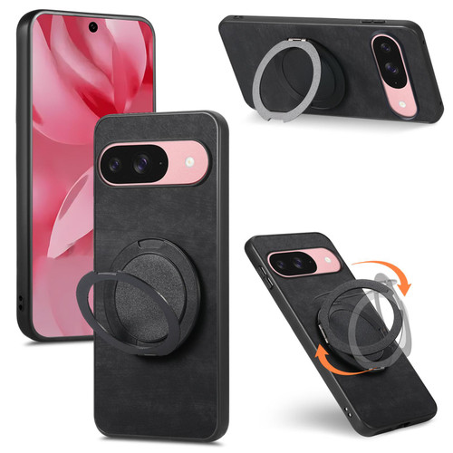 Google Pixel 11 Retro Leather Rotation Round Holder Phone Case - Black