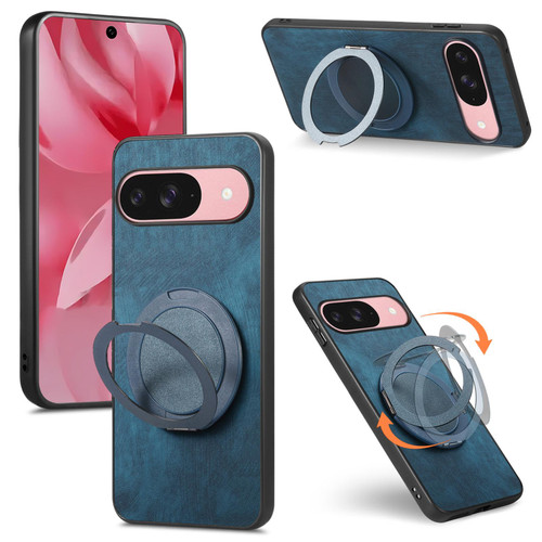 Google Pixel 11 Retro Leather Rotation Round Holder Phone Case - Blue