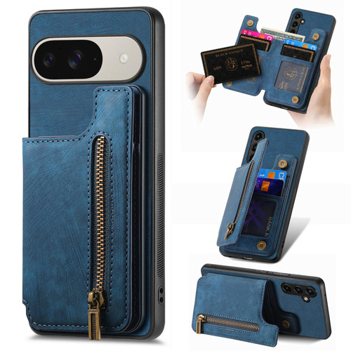 Google Pixel 11 Retro Leather Zipper Wallet Back Phone Case - Blue