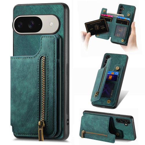 Google Pixel 11 Retro Leather Zipper Wallet Back Phone Case - Green