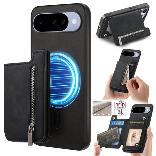 Google Pixel 11 Retro MagSafe Zipper Wallet Card Bag Back Phone Case - Black