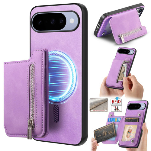 Google Pixel 11 Retro MagSafe Zipper Wallet Card Bag Back Phone Case - Purple