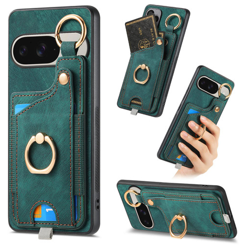 Google Pixel 11 Retro Skin-feel Ring Card Bag Phone Case with Hang Loop - Green