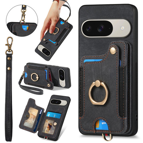 Google Pixel 11 Retro Skin-feel Ring Multi-card Wallet Phone Case - Black